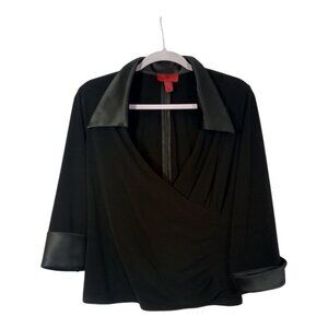 JS Collections Womens Black Blouse Chic Satin Cuffs And Collar Zip Back Size 16